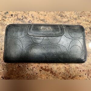 Coach perforated C zip around leather wallet silver pewter metallic